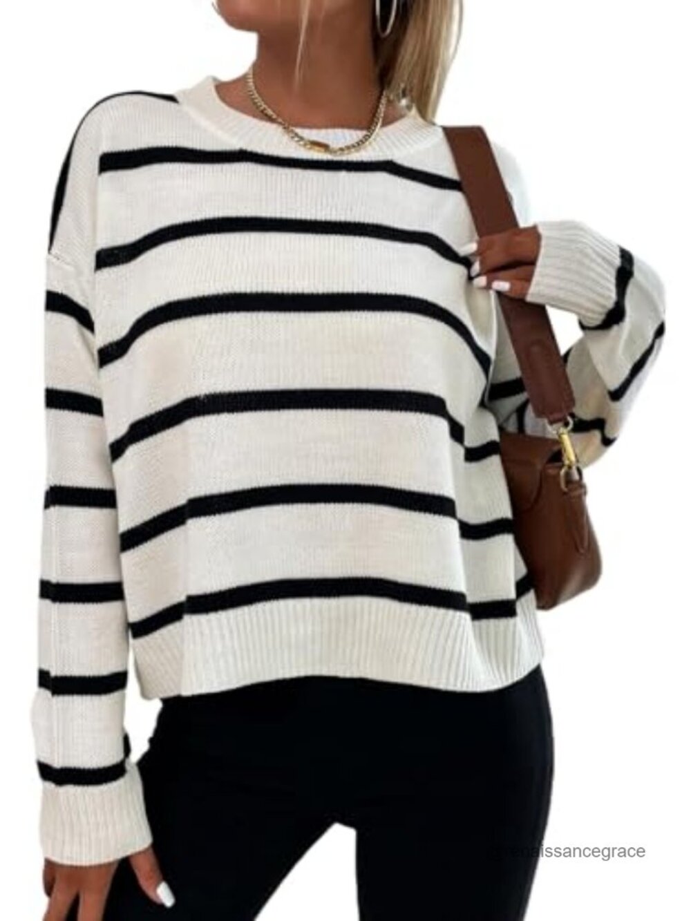 Oversized Striped Knit Sweater Crew Neck Long Sleeve Drop Shoulder